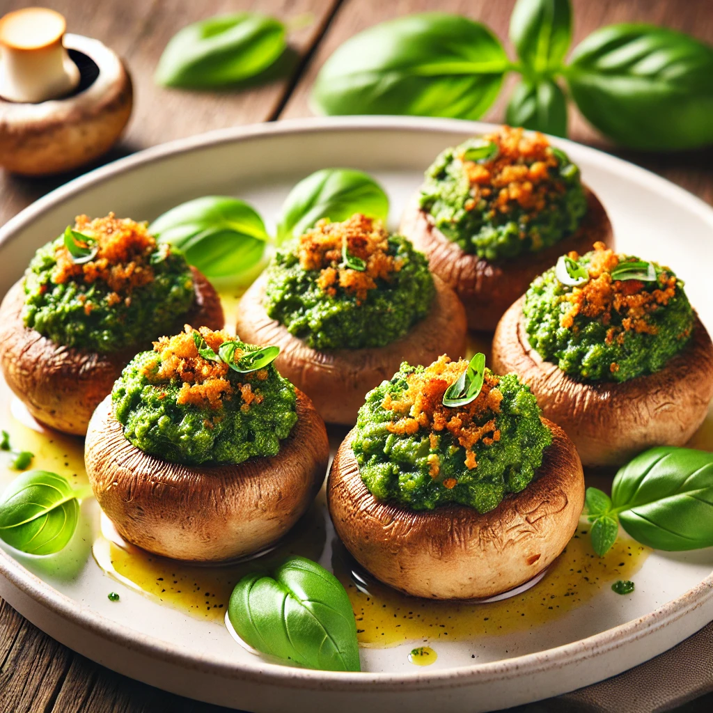 Champiñones rellenos con pesto de albahaca